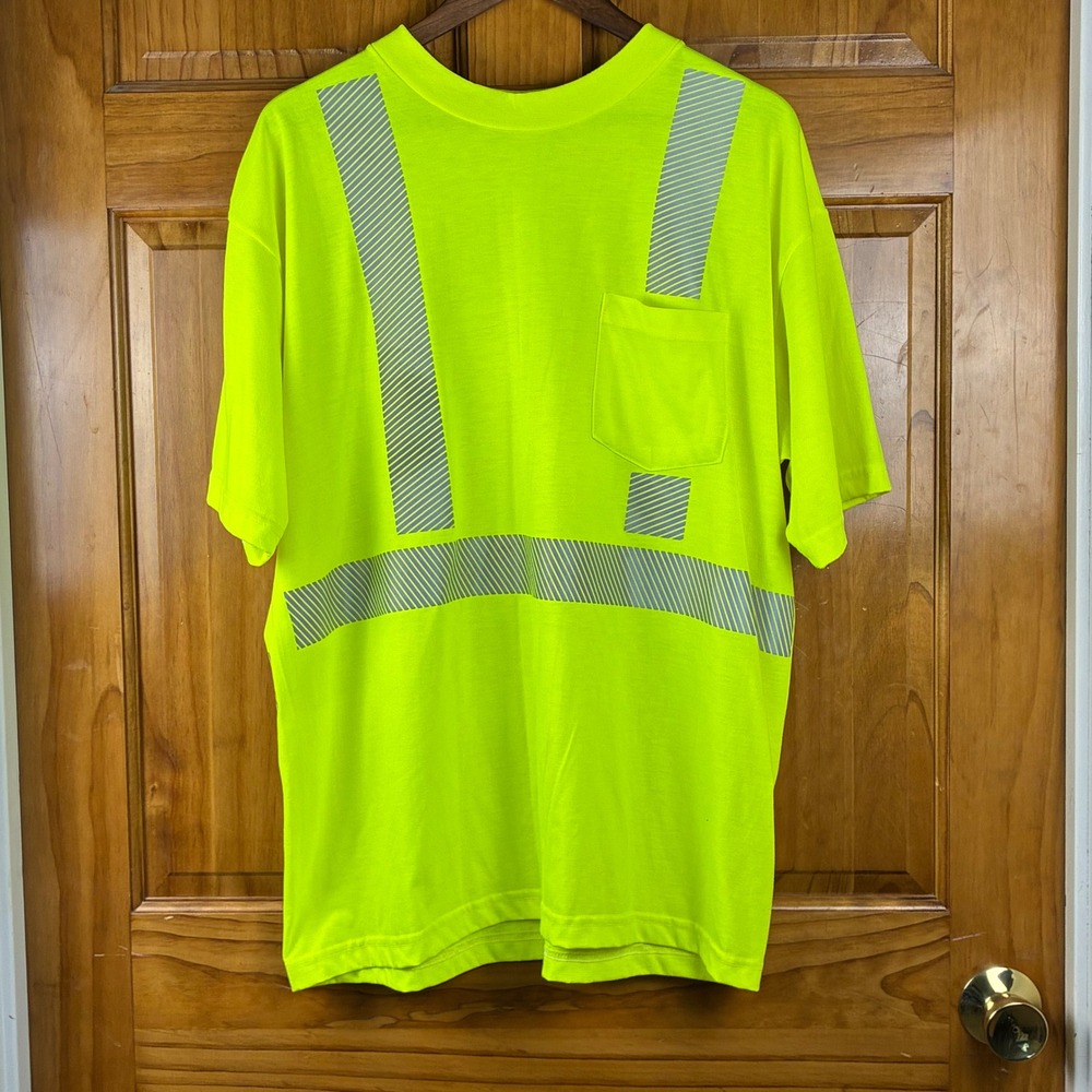 M.V.E. Mens Neon Yellow Reflective Safety Shirt XL Made in USA Hi-Vis Pocket Tee